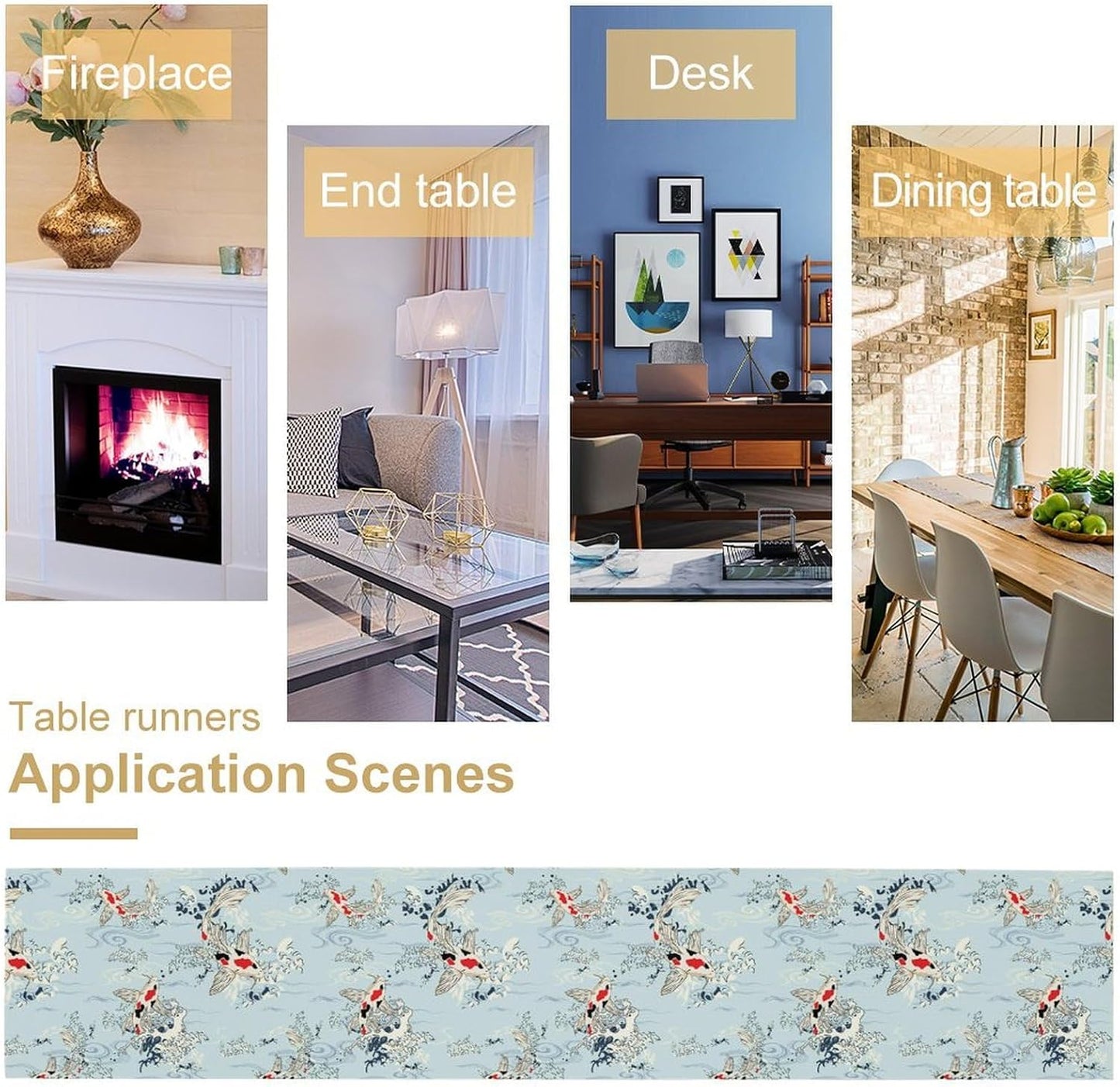 Kio Fish Table Runner Waves Retro Japanese Tradition Art Printed Burlap Runner Home Kitchen Dining Table Living Room Decor Fabric 1 Panel W13xL120in