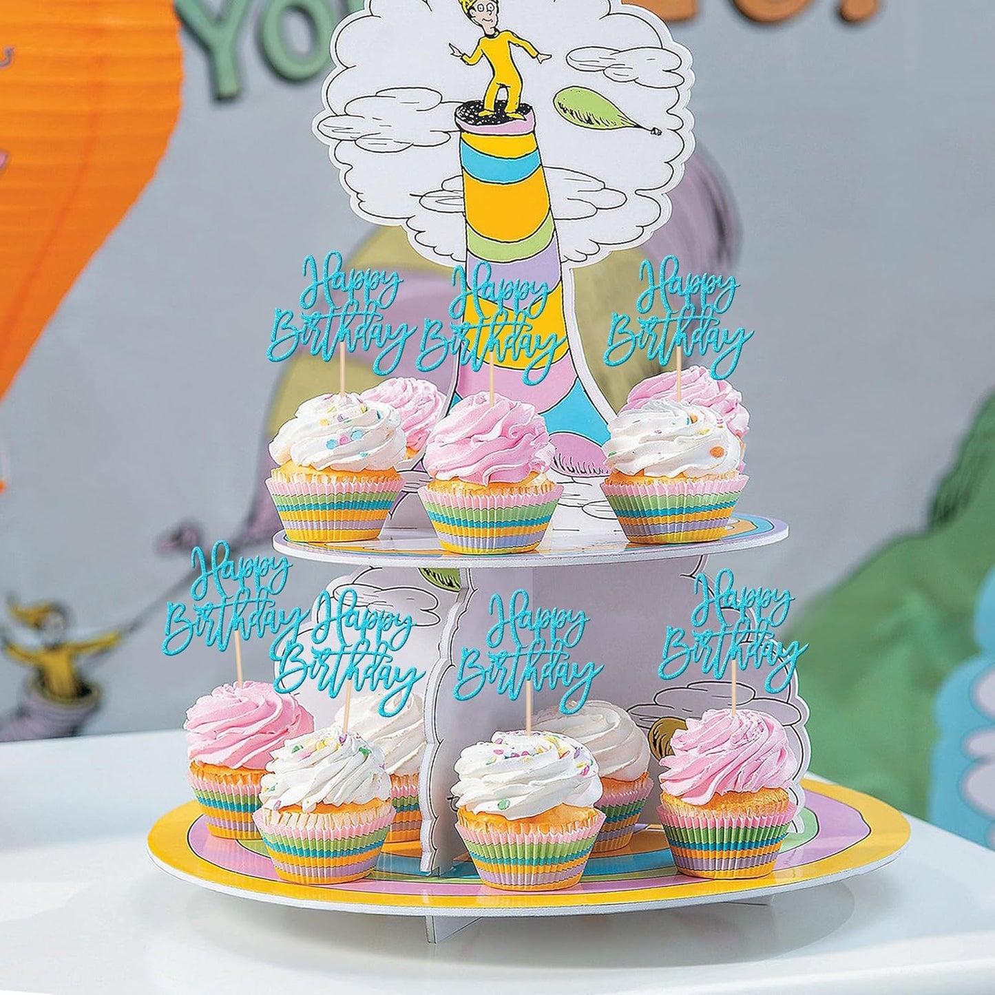 24 PCS Happy Birthday Cupcake Toppers Glitter Picks for Celebrating Anniversary Theme Party Cake Decorations Supplies - Lake Blue