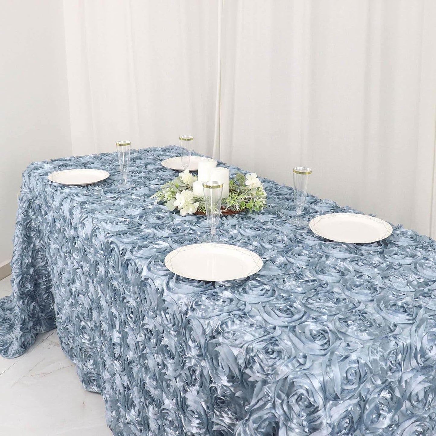 Efavormart 90"X132" Dusty Blue Grandiose 3D Rosette Satin Rectangle Tablecloth for Wedding Party Event