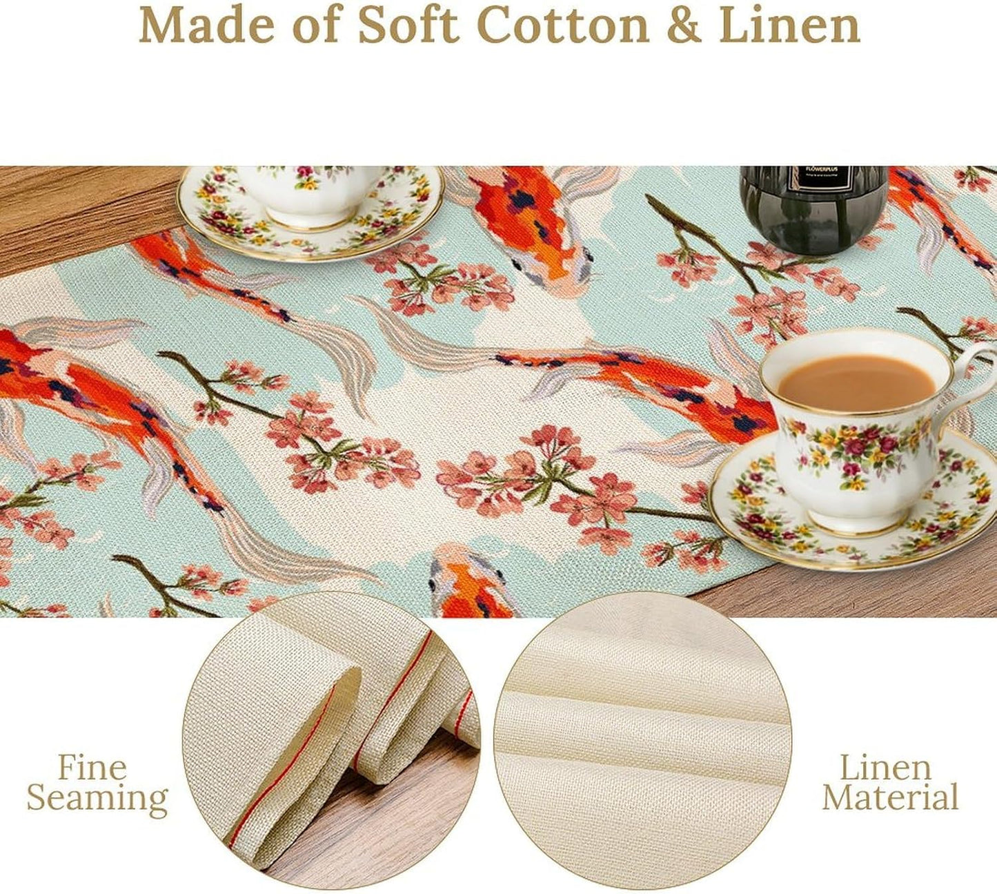 Japanese Kio Fish Table Runner Cherry Flower Art Printed Burlap Runner Home Kitchen Dining Table Living Room Decor Fabric 1 Panel W13xL90in