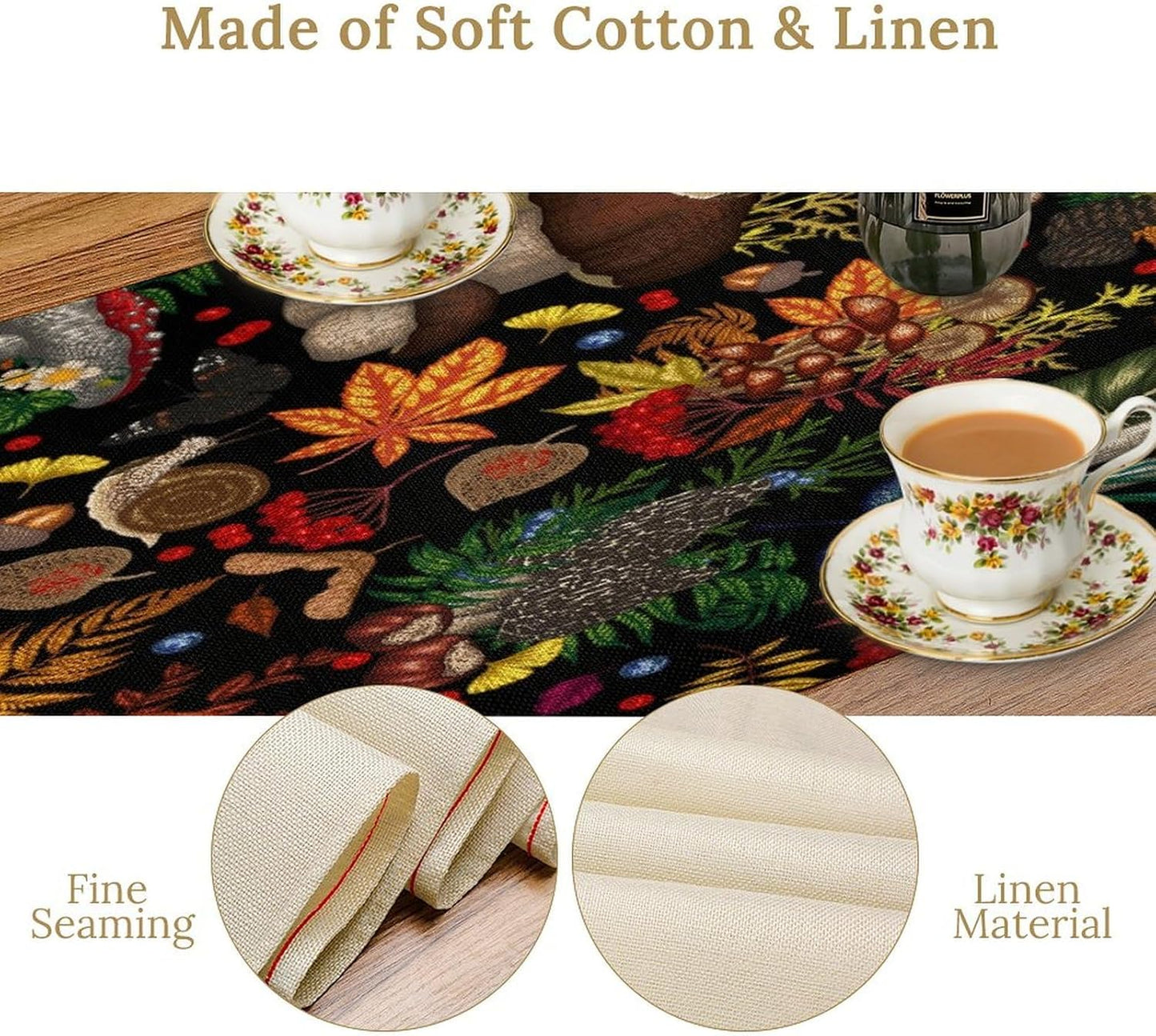 Nature Mushroom Table Runner,Retro Boho Floral Botanical Plant Forest Pattern Print Tablecloth Burlap for Hotel Indoors Outdoor Dining Room Kitchen Holiday Party, 13x80in