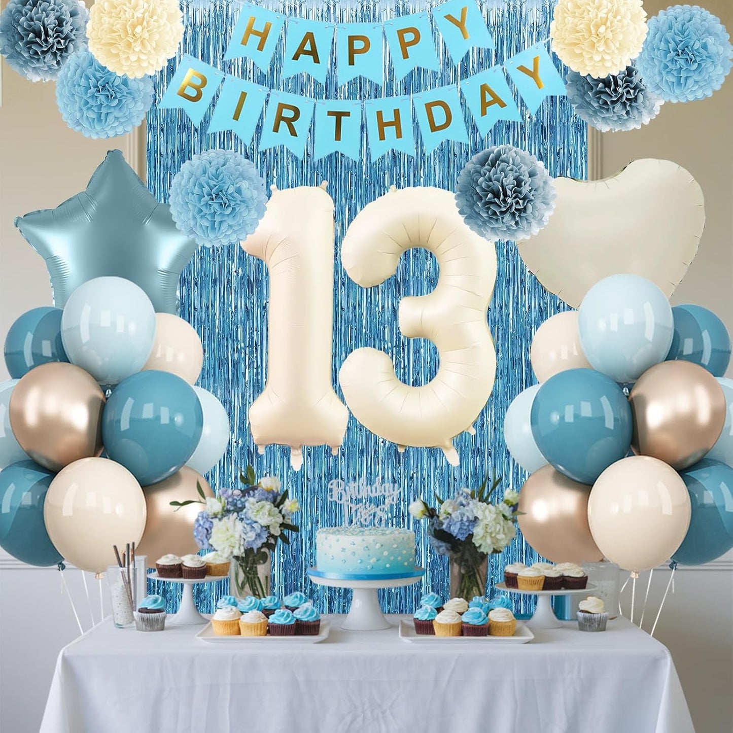 Dusty Blue 13th Birthday Party Decorations Boys Girls Beige Cream Number 13 Balloon with Blue Gold Happy Birthday Banner Fringe Curtain Paper Pom Poms Nude White Sand Champagne Star Foil Balloons
