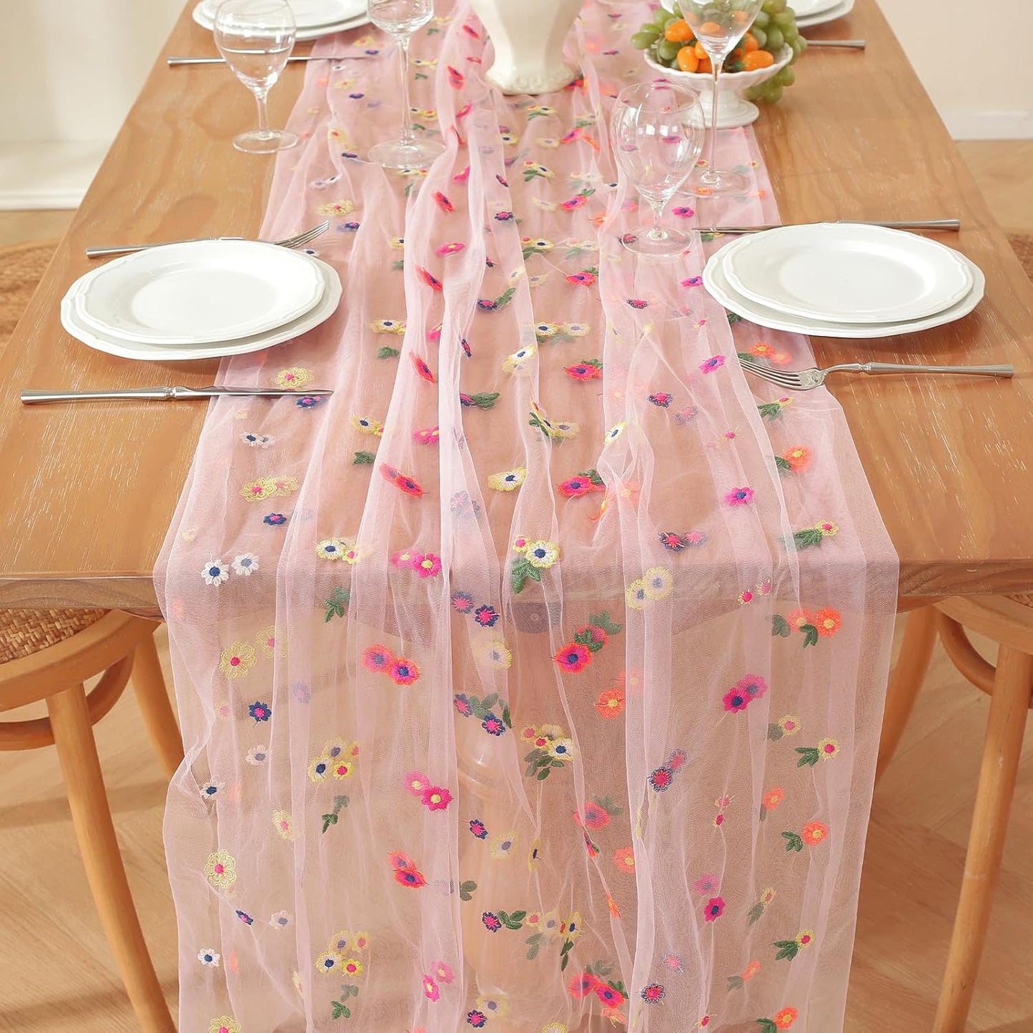 Pink Embroidery Daisy Fall Table Runner 120Inch 10FT Florals Soft Sheer Tulle Fabric Table Runner for Home Decor, Brithday, Wedding, Baby Shower ,Holiday ,Parties, DIY Craft,3PC