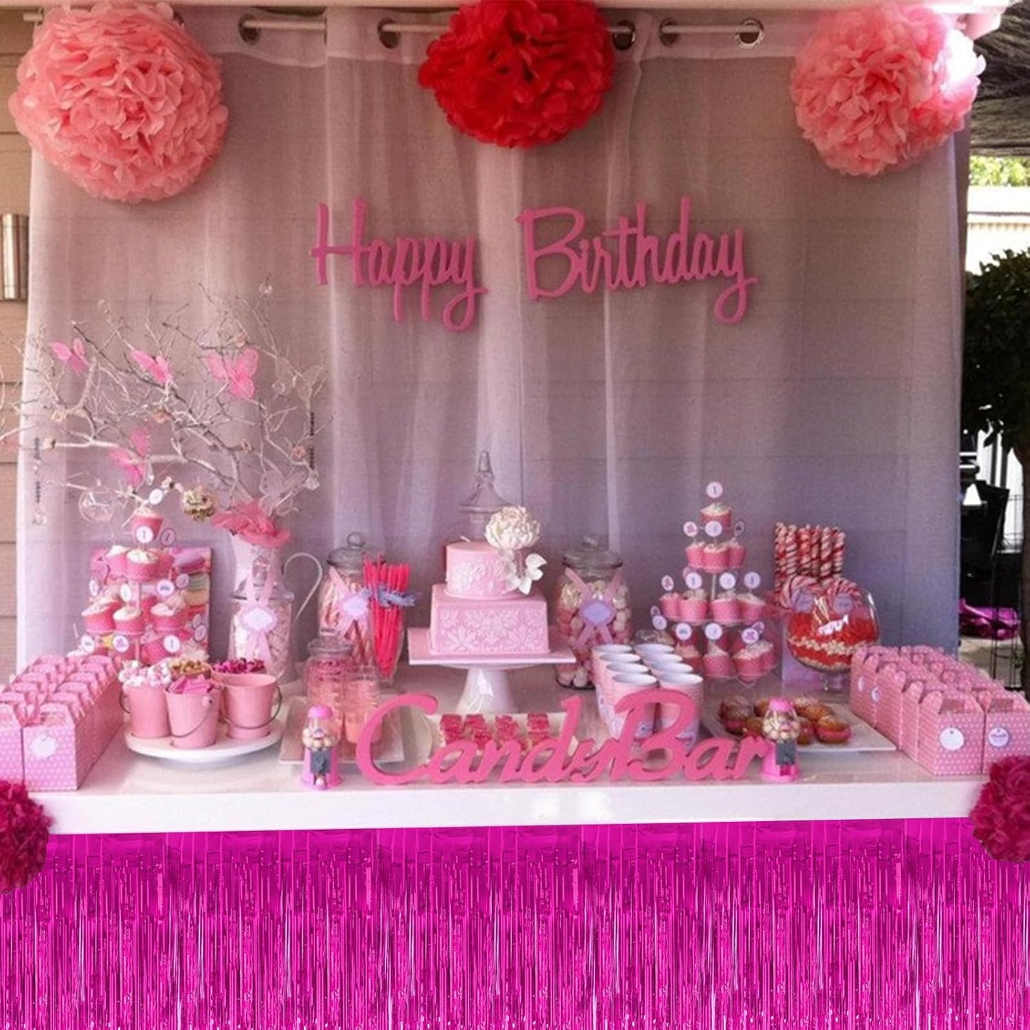 BEISHIDA 2 Pack Metallic Tinsel Foil Fringe Table Skirts for Rectangle & Round Tables Hot Pink Kids' Birthday, Holiday Cartoon Party Decorations for Birthday Valentines Baby Shower Festive Events