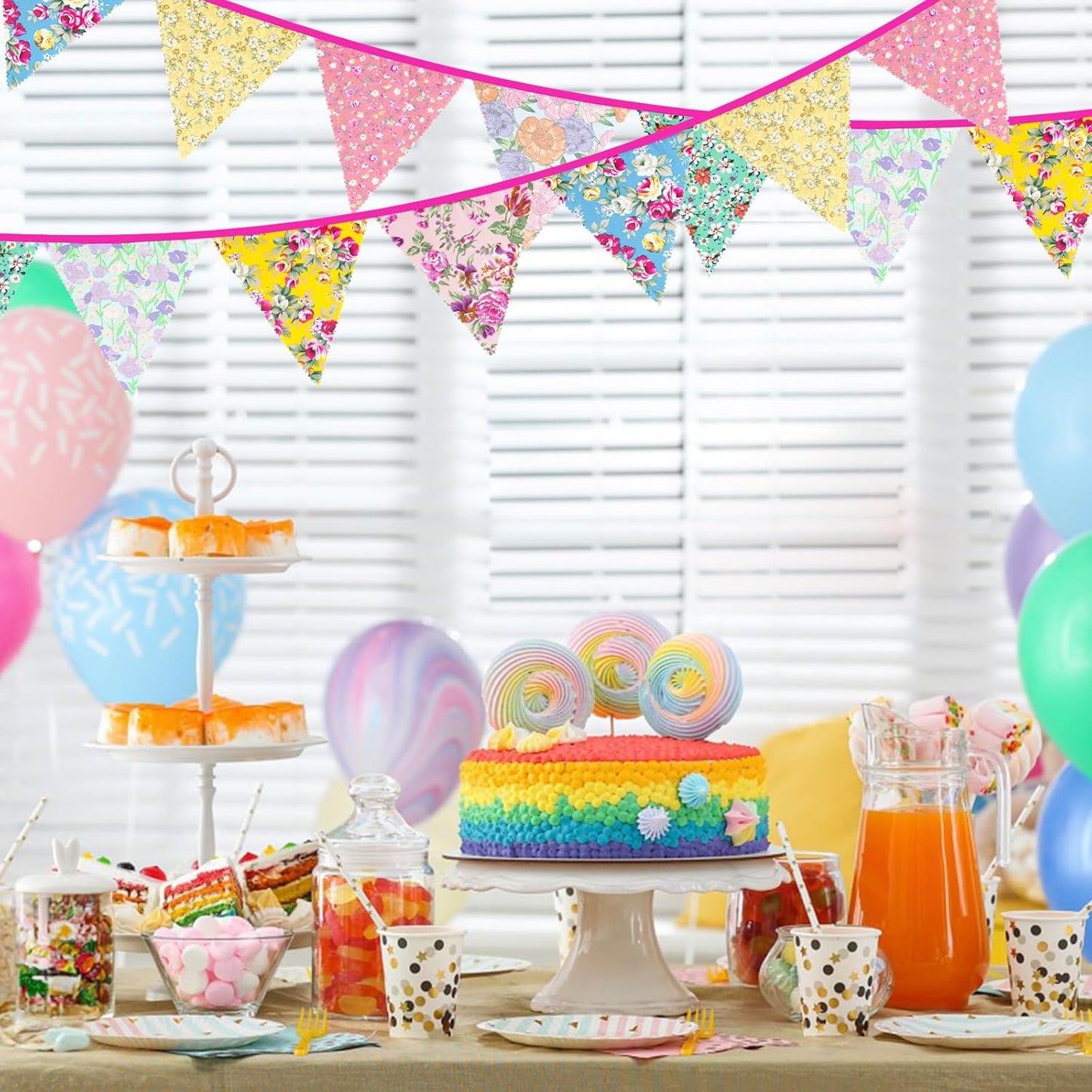jijAcraft 39Ft Triangle Bunting Banner, 42Pcs Tea Floral Party Bunting Cotton Fabric Flags Pennant Garlands for Birthday Party, Wedding, Baby Shower, Outdoor and Home Decorations (Pink and Grenn)
