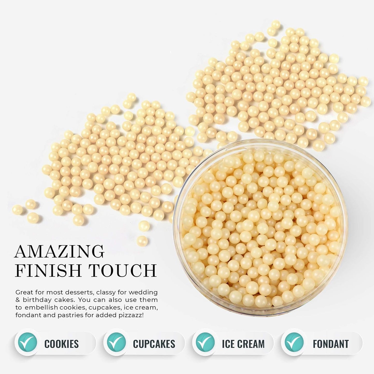 O'Creme Ivory Edible Sugar Pearls Cake Decorating Supplies for Bakers: Cookie, Cupcake & Icing Toppings, Beads Sprinkles For Baking, Certified, Candy Sugar Ball Accents (6mm, 16 Oz)