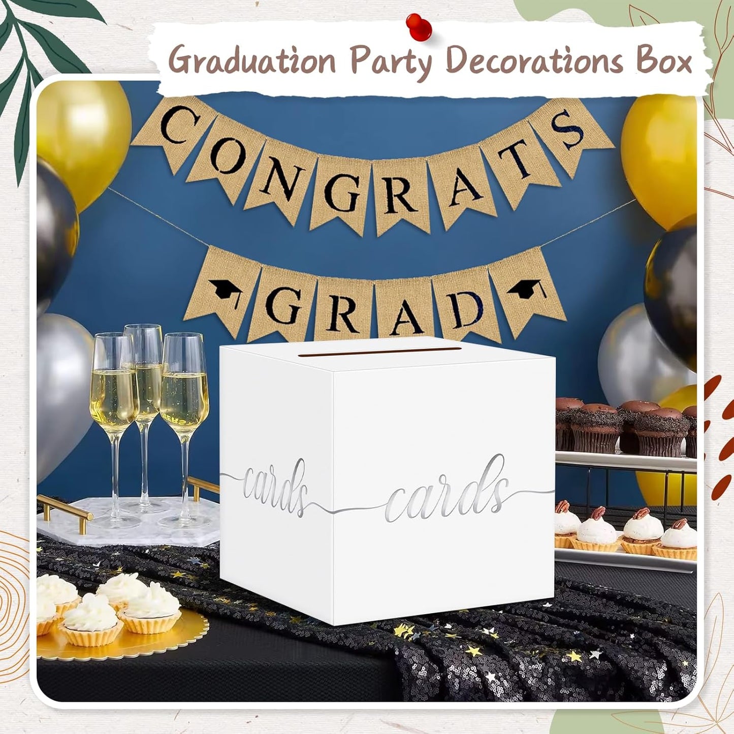 QIKSION White Wedding Card Box, Silver Foil Gift Card Box for Party, Wedding Reception, Graduation, Birthday, Baby Shower, Raffle