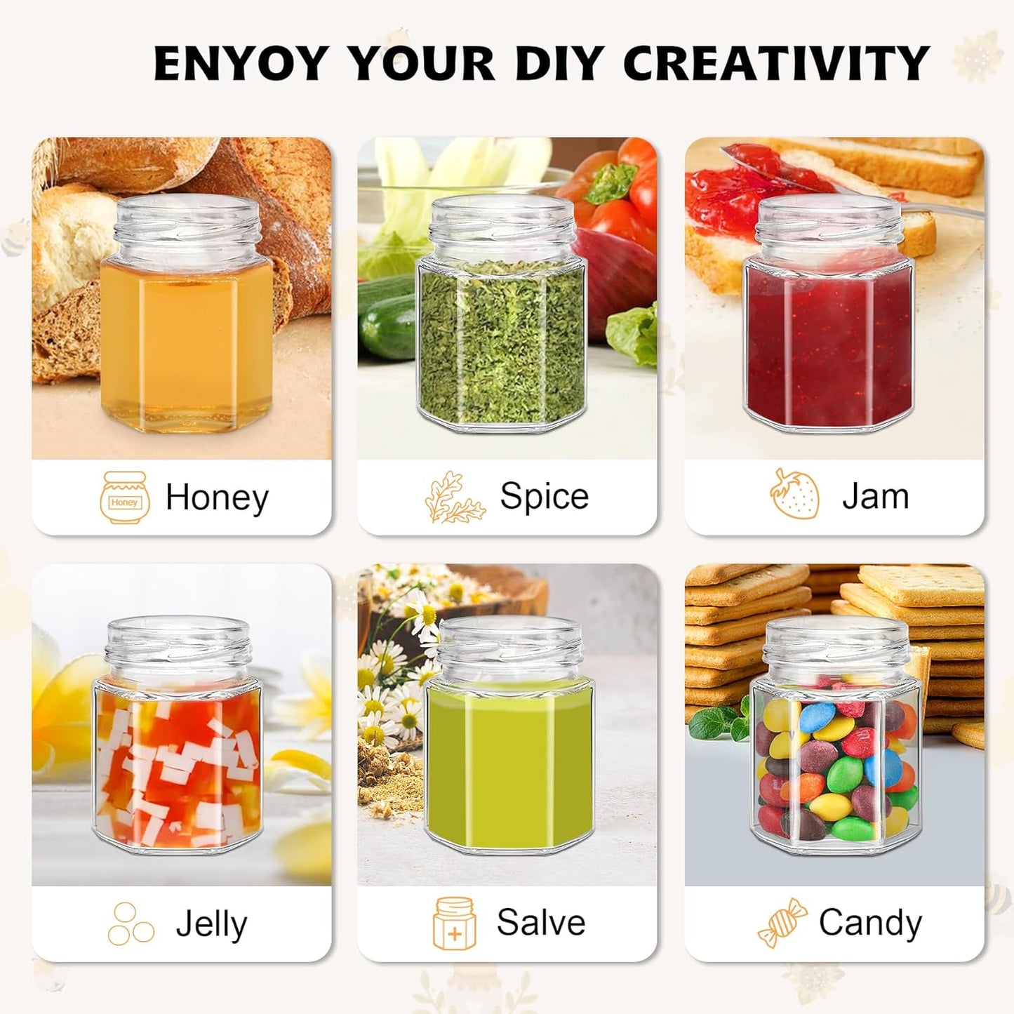 70 Pack 3 oz Mini Hexagon Glass Honey Jars with Dippers, Gold Lids, Bee Stickers, Bee Charms, Gift Bags & Jute– Empty Small Honey Jars for Party Favors Bulk, Ideal for Baby Showers ＆ Weddings