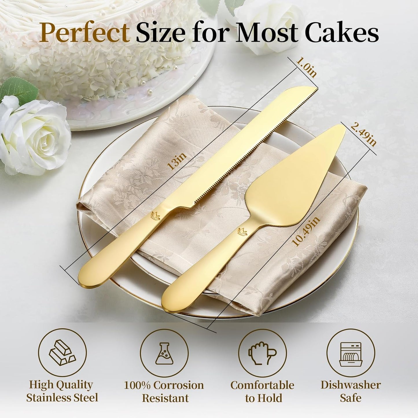 Cake Cutting Set for Wedding - Extended Cake Knife and Server Set Thickened Stainless Steel 13.0" Cake Cutter 10.49" Pie Spatula Great for Birthday Anniversary Christmas Gift 2 Pcs Gold