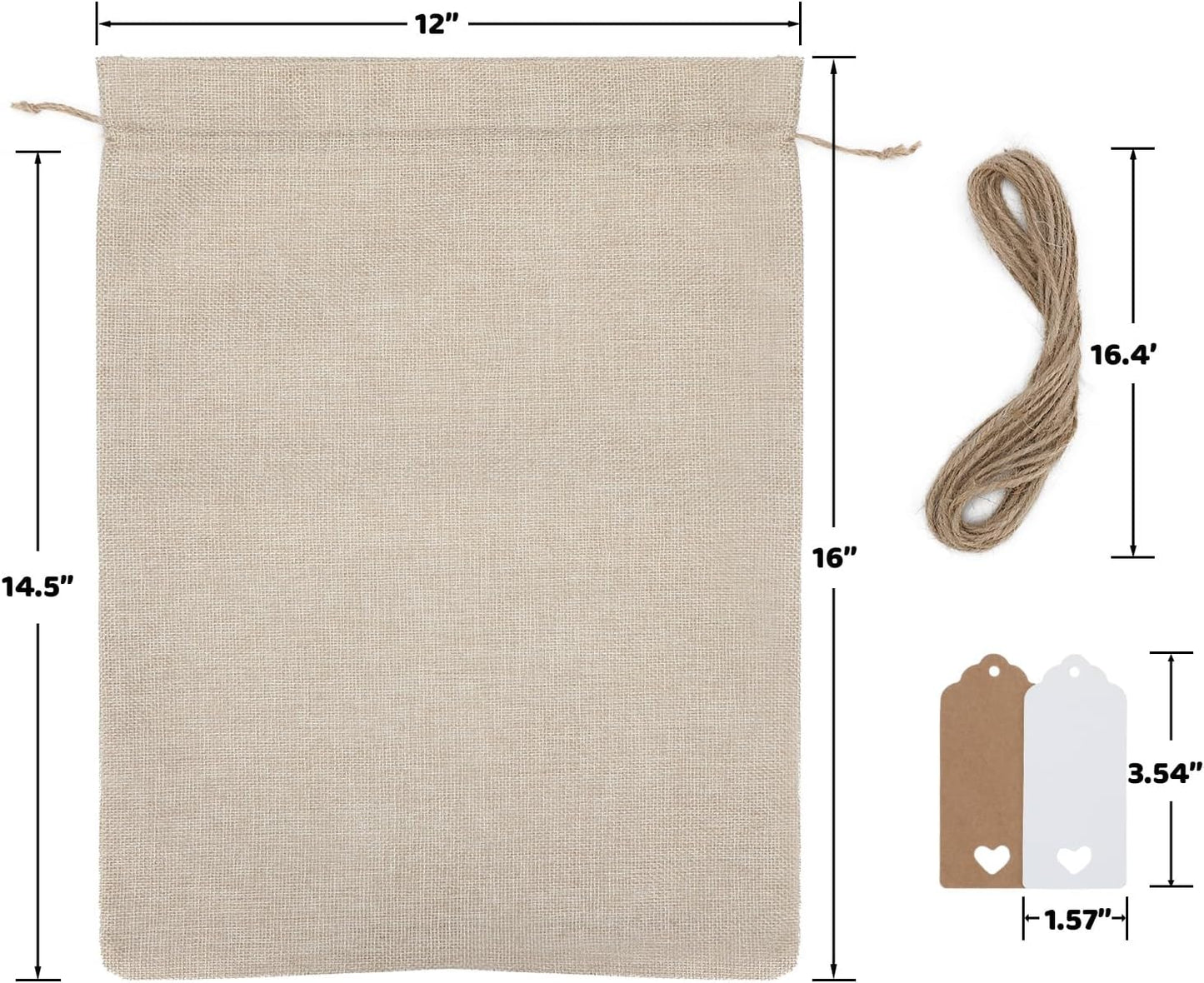 Tapleap Burlap Gift Bags with Drawstring - 10Pcs 12x16 Original Sacks with String and Tags for Wrapping Halloween Favors, Breads, Wine, For Birthday, Wedding or Household Use