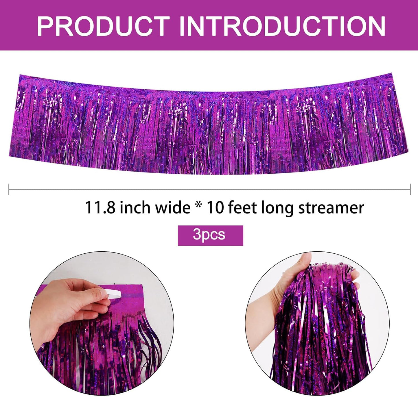 BEISHIDA 3 Packs Metallic Foil Fringe Garland Laser Purple Wall Hanging Tinsel Fringe Banners for Car Floats Bridal Shower Wedding Birthday Easter Graduation Holiday Party Decoration(30 Feet)
