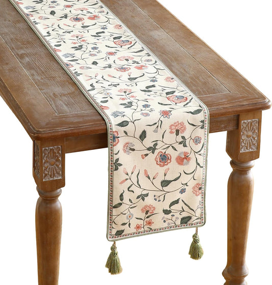 ISAENNE Designer Chinoiserie Elegant Linen Floral Table Runner 87 Inches Long,White Wrinkle Resistant Table Runners for Dining Tables,Thanksgiving,Kitchen Tables,Christmas,12"*87"-Daffy A