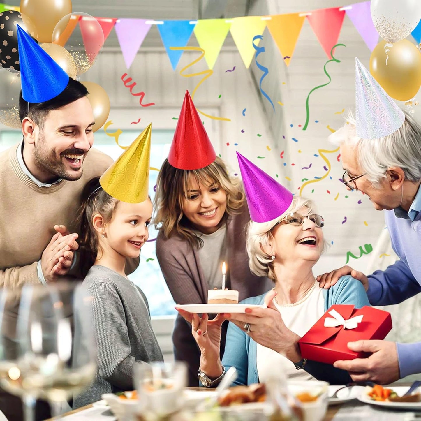 CANREVEL Party Hats for Kids and Adults, Birthday Party Headwear Supplies, Cone Hats Bulk for Girls Boy Women Men