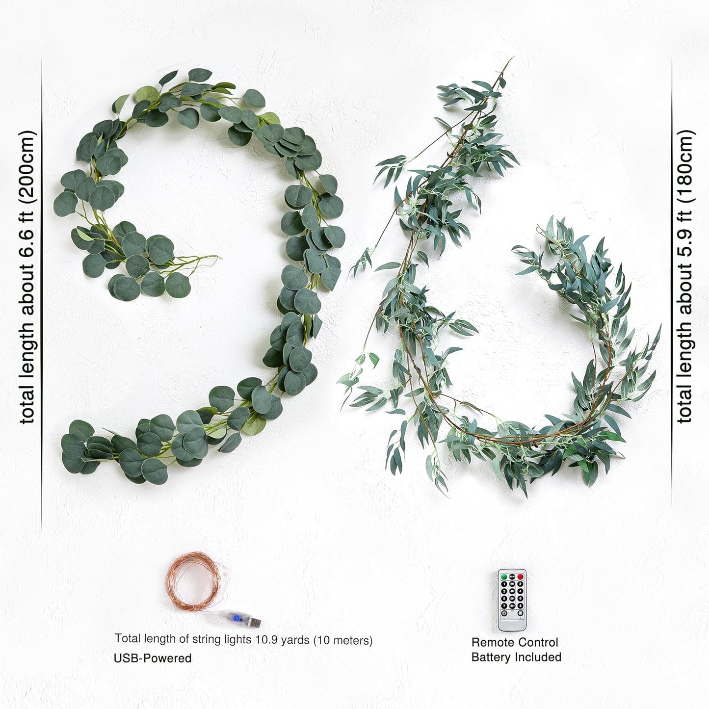 FiveSeasonStuff Rustic Willow and Eucalyptus Garlands – Lifelike Greenery with USB-Powered 100 LED String Lights – Perfect for Weddings, Home Decor, Events, and Seasonal Decorations