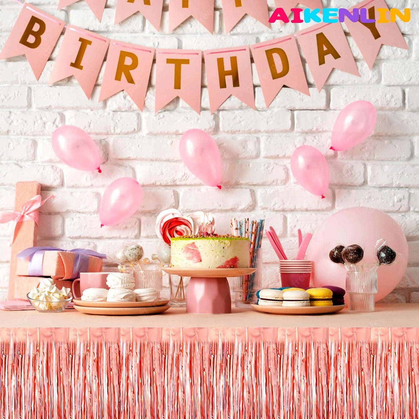 6 Pack 29x108 Inch Metallic Foil Fringe Tinsel Table Skirts Banner for Rectangle Tables Streamer Garland Curtains Backdrop for Wedding, Birthday, Parade Floats, Christmas Party Decoration(Rose Gold)