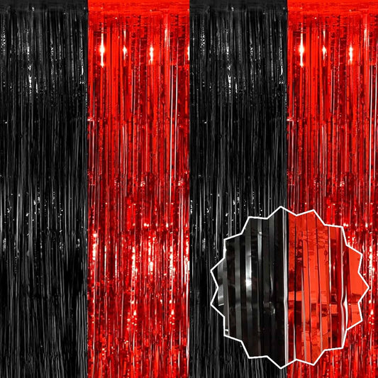 3 Pack Black and Red Foil Fringe Curtains Backdrop, 3.28 x 9.8 Ft Metallic Streamers Tinsel Curtains Background for Photo Booth, Birthday, Halloween, Christmas, New Year Party Decorations