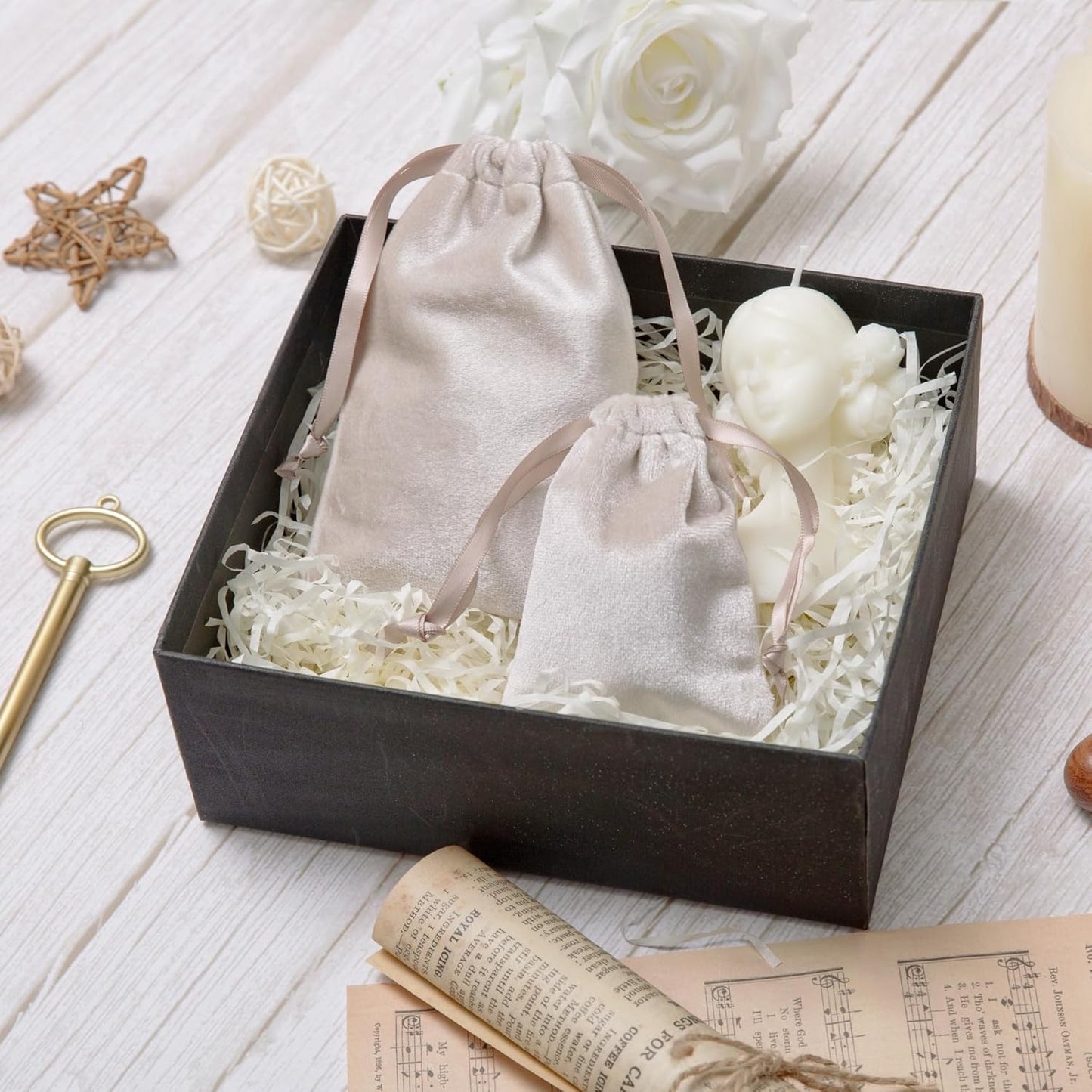 QIANF 12pcs Light Champagne Velvet Drawstring Bags 3x4 inches Glossy Small Velvet Cloth Gift Bags Jewelry Pouches for Storage Wedding Party Favor Christmas