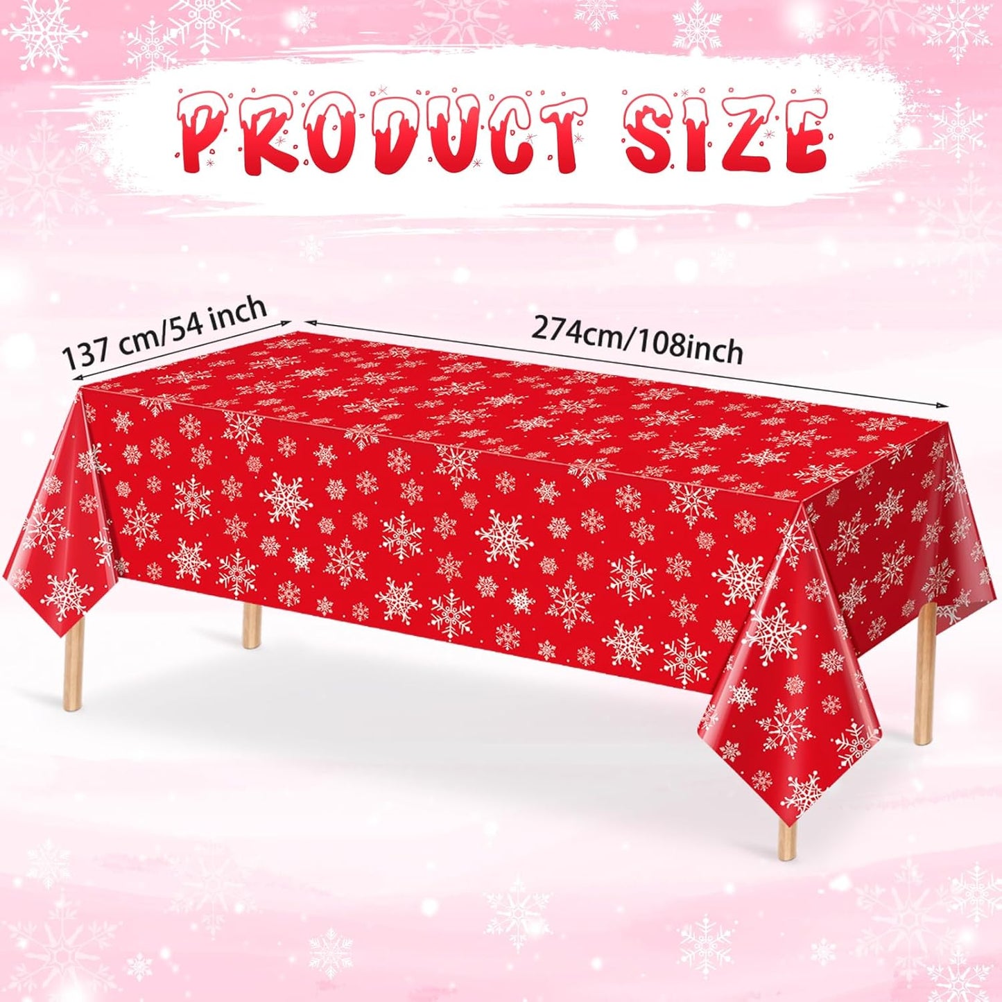 Jectivs 12 Pieces Christmas Snowflake Plastic Party Tablecloth Decorations,White Snowflake Red Xmas Backdrop Sign Table Cover Banner for Winter Christmas Holiday Party Supplies,54x108 inch (Red)
