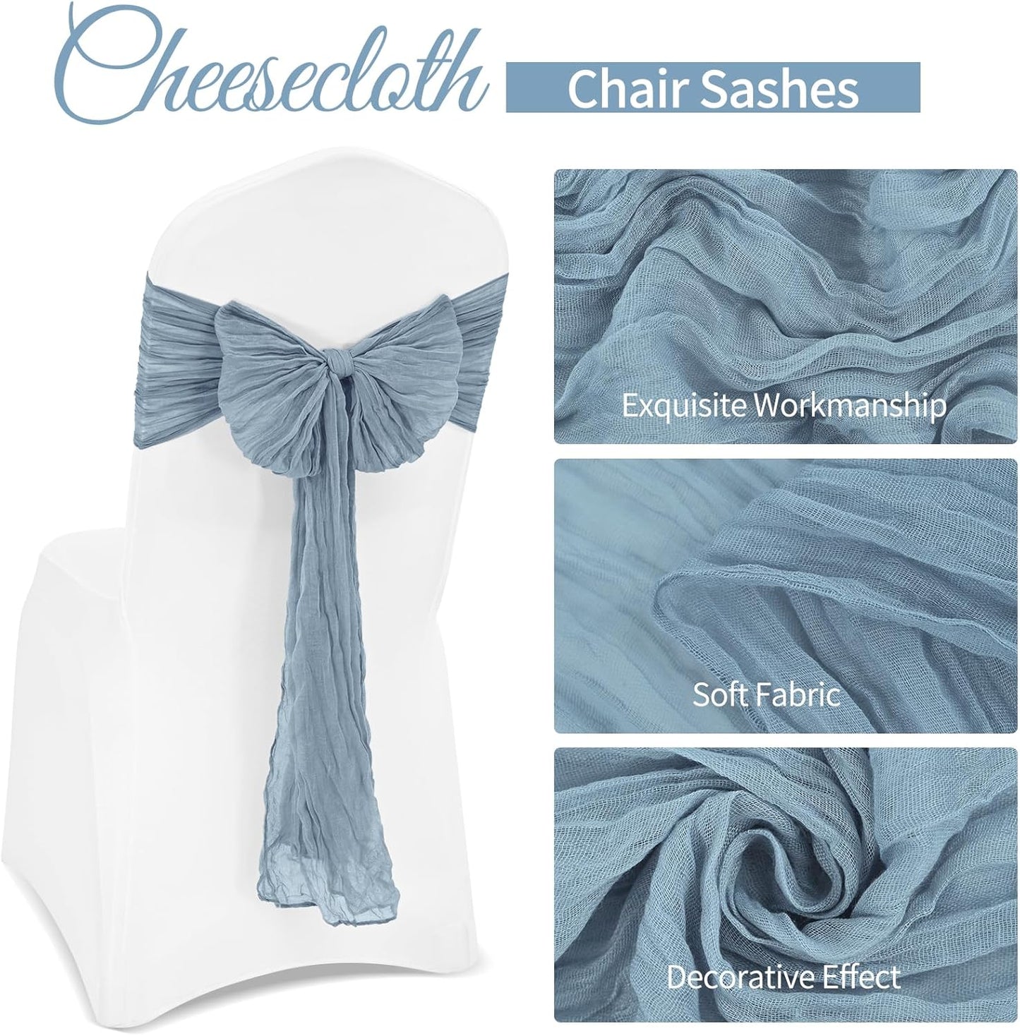 36 Pcs Dusty Blue Cheesecloth Chair Sashes, 16 x 108 inch Gauze Fabric Washable Chair Sashes Bows Designed for Aisle Decorations Universal Chair Cover Decor for Wedding Reception Party Banquet