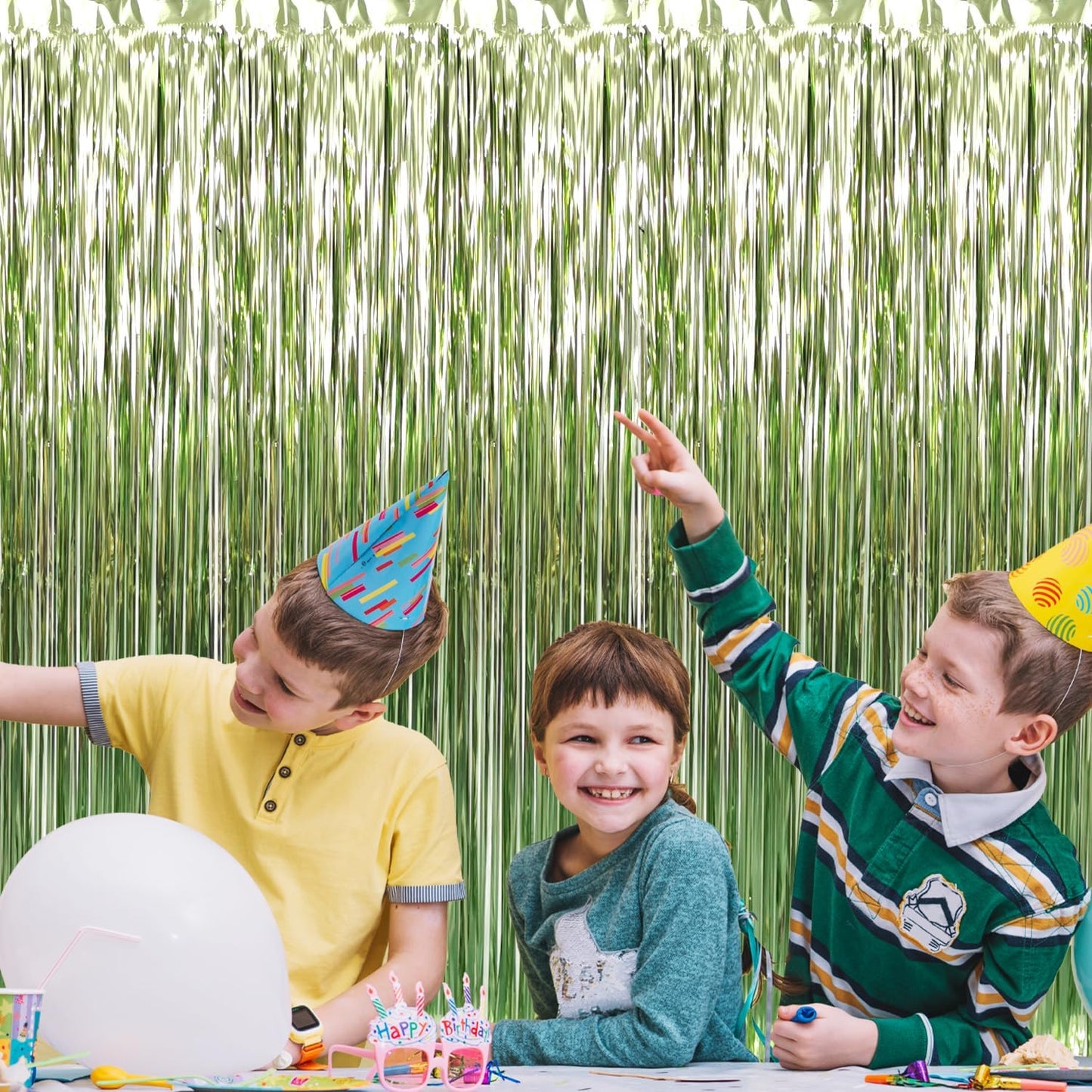 GOER 3.2 ft x 9.8 ft Metallic Tinsel Foil Fringe Curtains Party Photo Backdrop Party Streamers for Birthday,Graduation,New Year Eve Decorations Wedding Decor (3 Pcs,Sage Green)