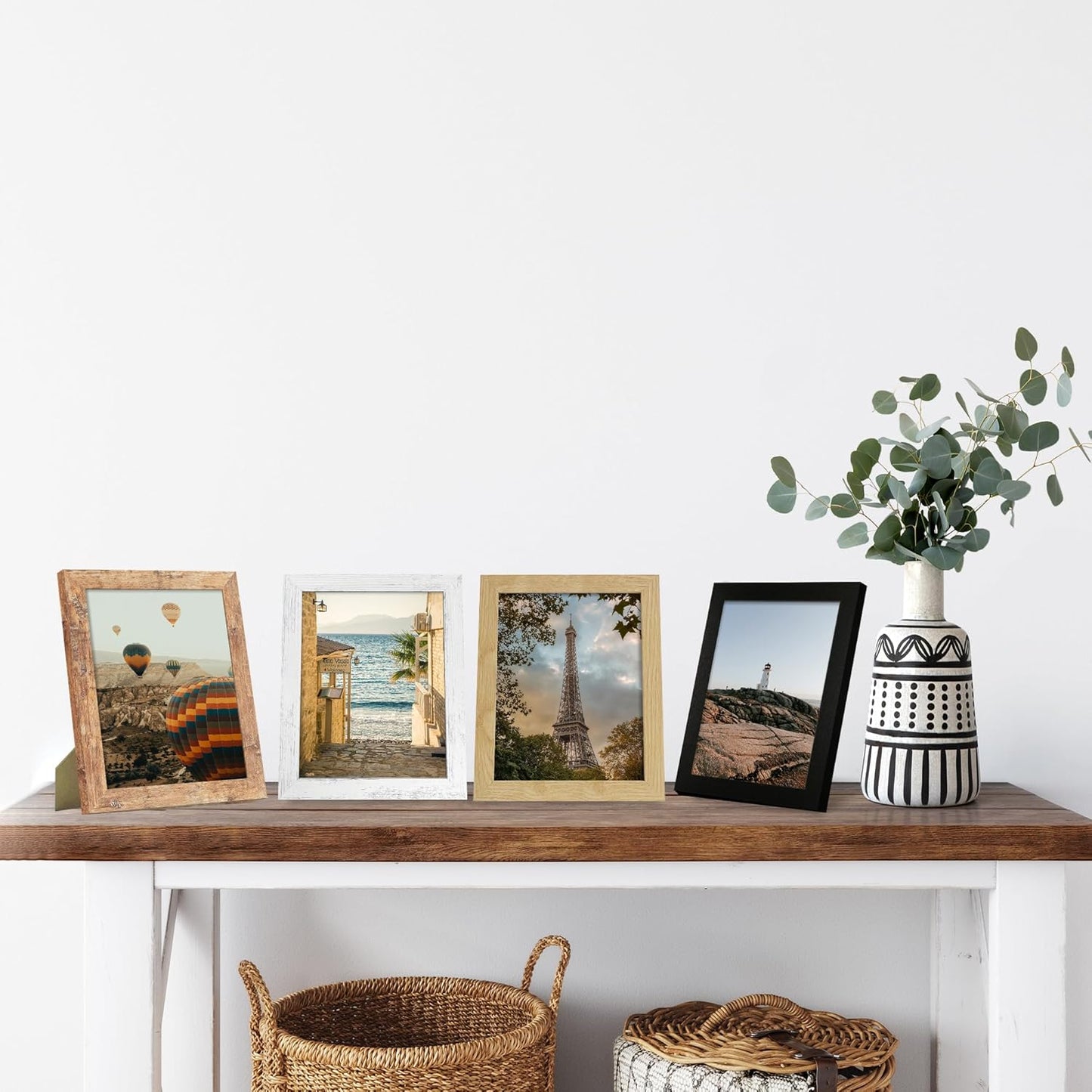 8x10 Picture Frame Set of 4, High Definition Real Glass 8 x 10 Photo Frames for Desktop Display and Wall Mounting(Distressed White+Oak+Rustic Brown+Black)