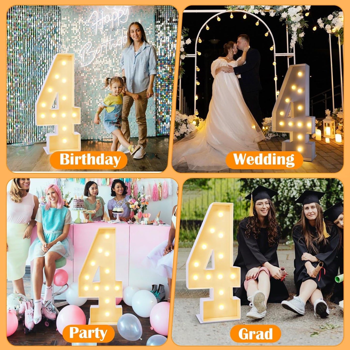 4ft Marquee Number 4, Light Up Sign for Party Decorations, 4 Feet Tall, Plastic, Modern Style