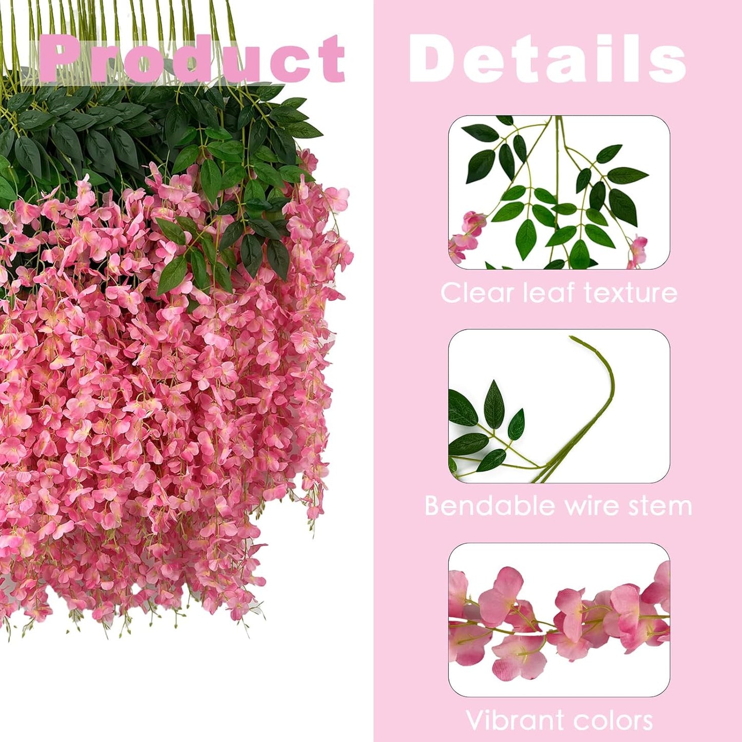 48 Pcs of Wisteria Hanging Flowers, 3.75 Feet Fake Wisteria Flower Strings, Artificial Wisteria Flowers Hanging Garland for Backdrop, Wedding, Ceremony,Garden and Home Wall Decoration (Pink)