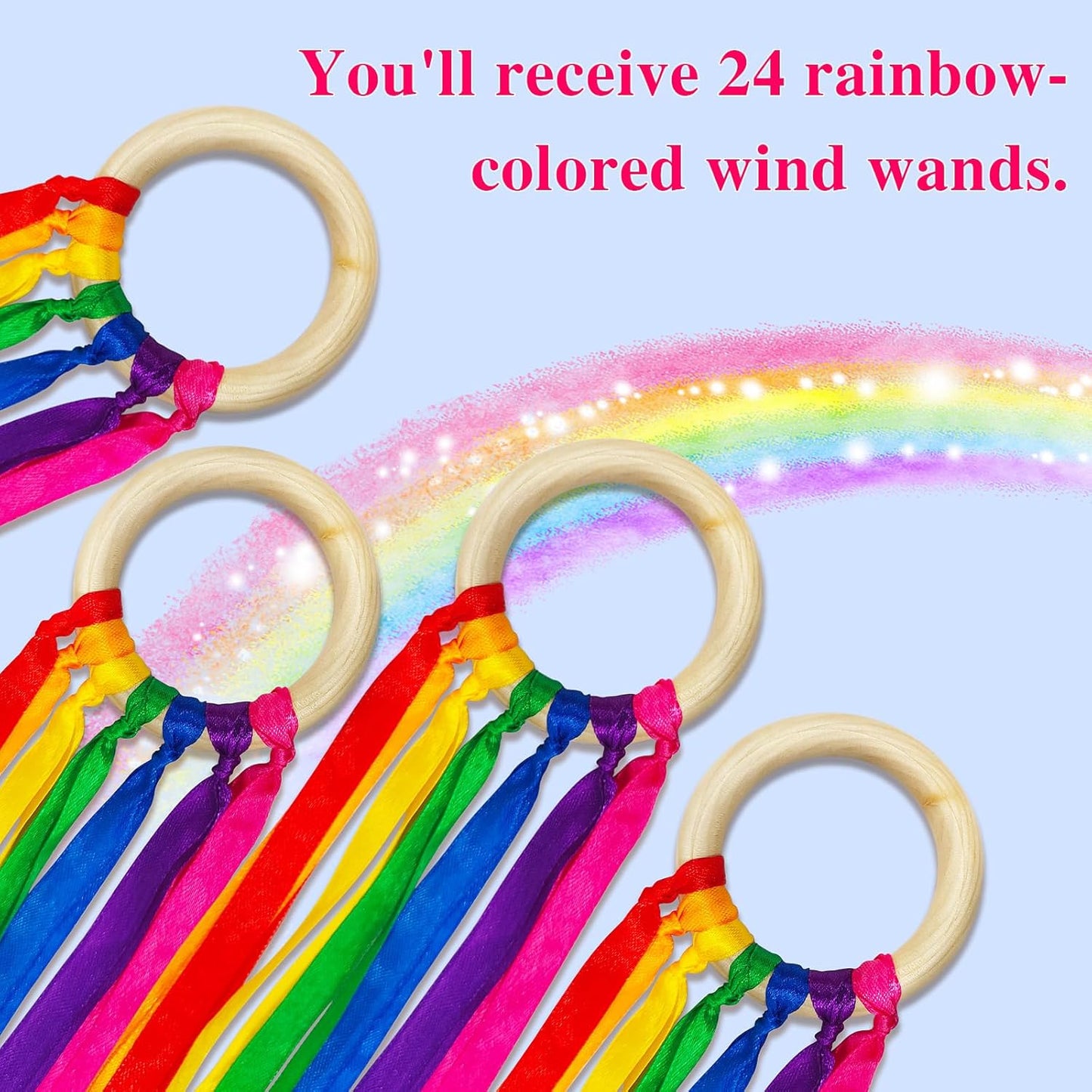 24Pcs Rainbow Ribbon Streamers Waldorf Toys Creative Waldorf Hand Kite Set Streamers with Wood Ring Sensory Learning Educational Toy for Playroom Dancing Birthday (Rainbow Colors)