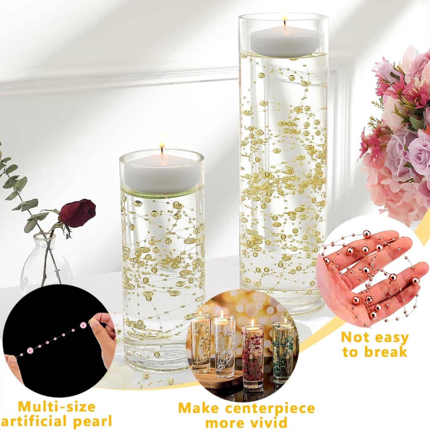 50 PCS Artificial Floating Beads for Centerpieces Vases, Pink Porcelain 8+3mm AB String Beads for Wedding Party Pearl String for Decor, String Pearls for Crafts Vase Filler