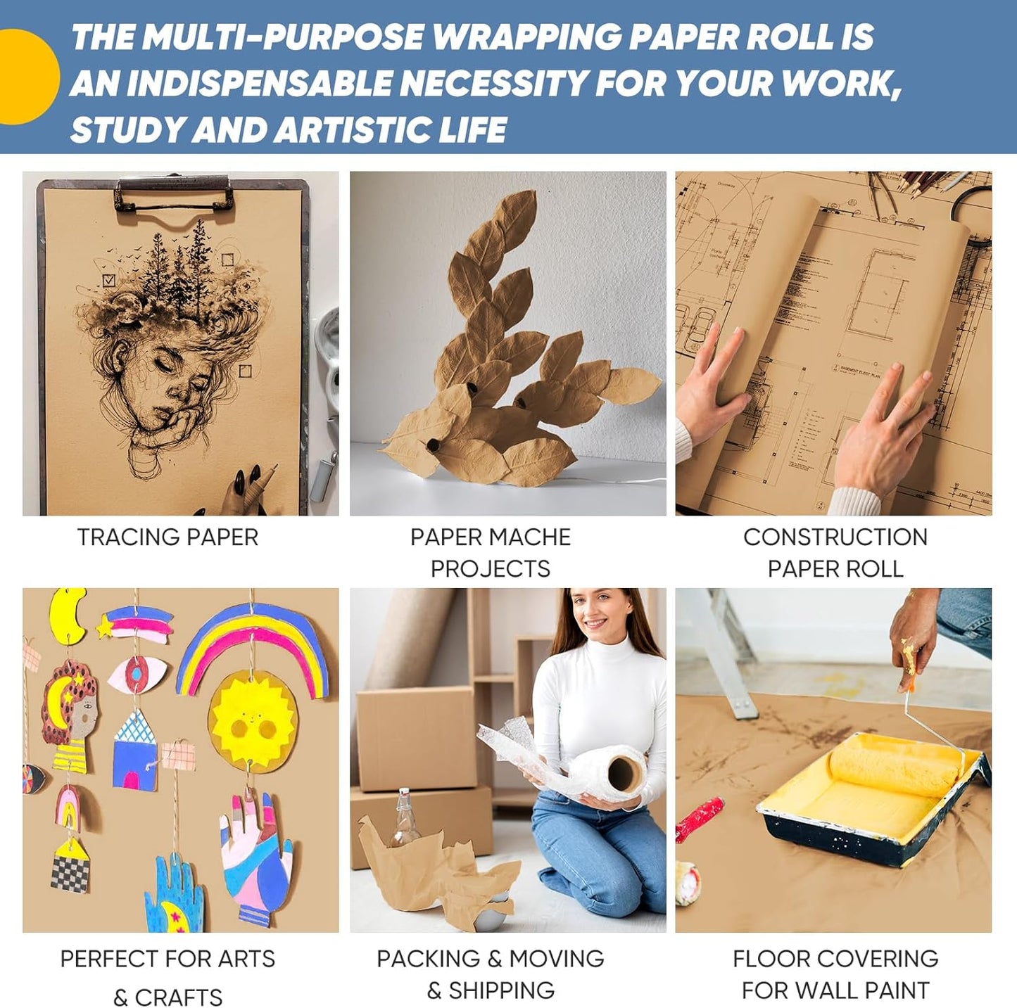 Brown Wrapping Paper, 15"x900" Craft Bulletin Board Kraft Banner Decorative Paper Roll, Bouquet Flower Father's Day Valentines Graduation Gift Wedding Table Covering Packing Shipping Moving Supplies