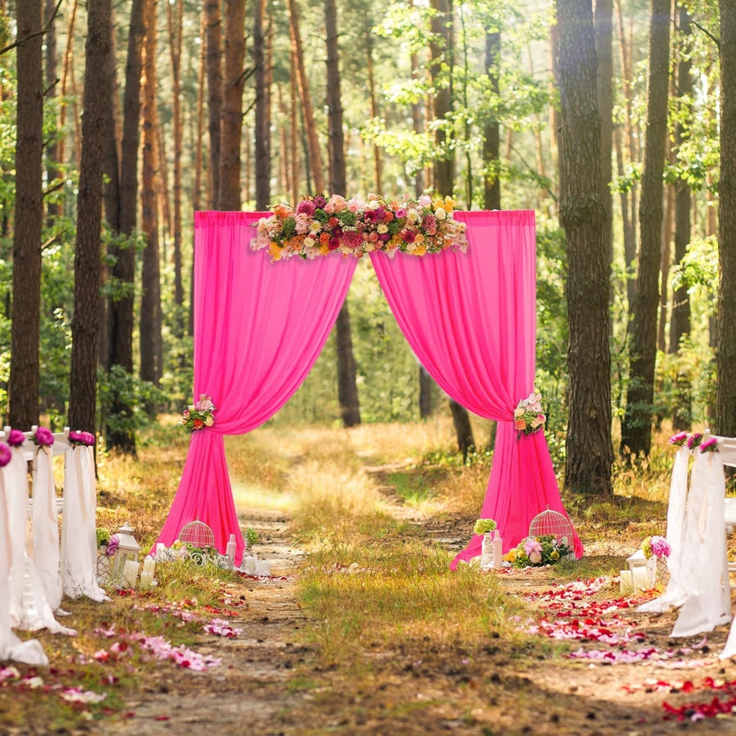 DUOBAO Hot Pink Chiffon Backdrop Curtain-2 Panels 29"x108" Wedding Backdrop Drapes Beach Curtains for Living Room Voile Window Curtain Photography Backdrops for Weddings Decor, Ceremony Decorations