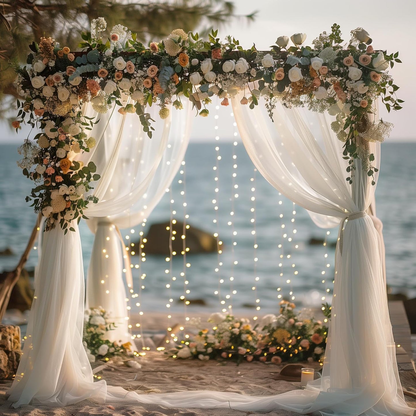 Fomcet Tulle Curtains with Lights String White 20FT X 8FT Sheer Backdrop Curtains for Parties Wedding Baby Shower Photo Shoot Decorations (4 Panels 5 x 8FT)