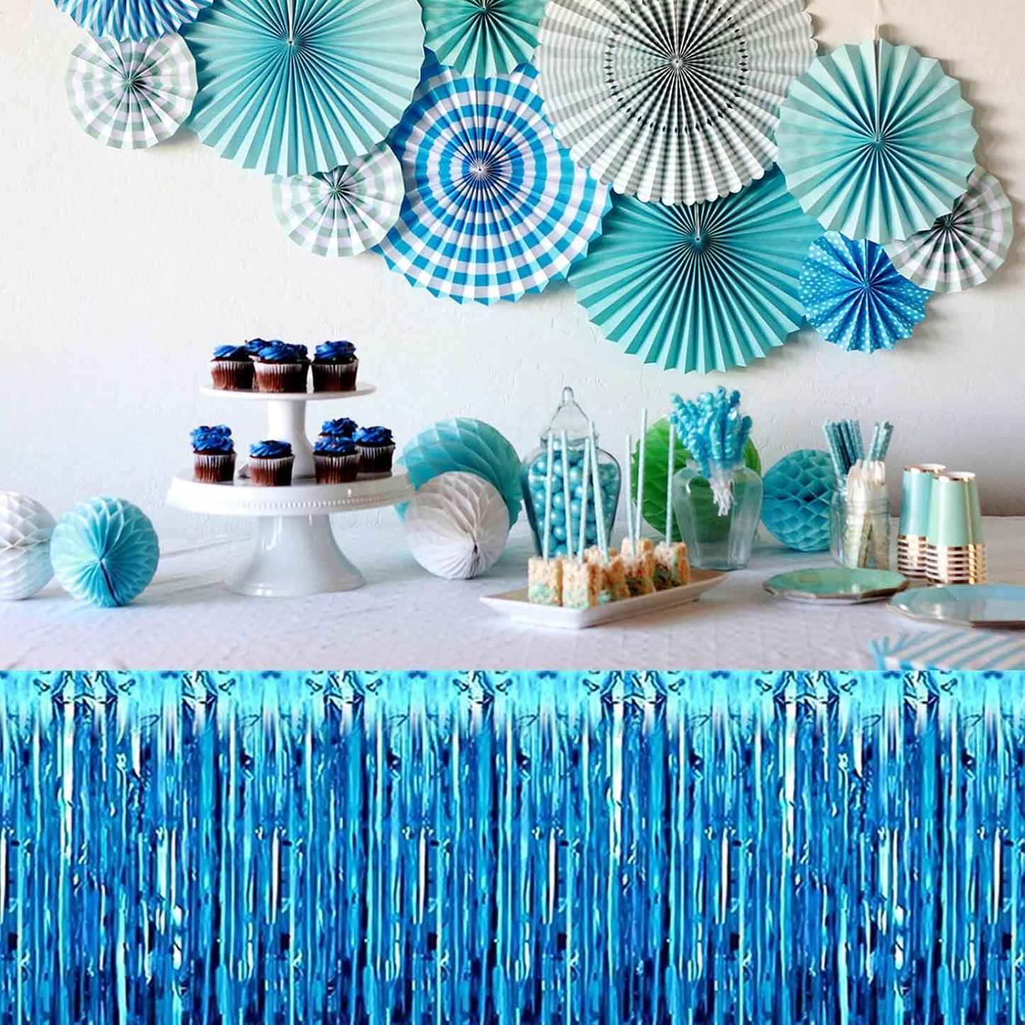3 Pack 29 x108 Inch Lake Blue Foil Fringe Table Skirts Metallic Banner for Tinsel Streamer Garland Backdrop for Parade Floats Wedding Thanksgiving Birthday Christmas New Year Party Decoration