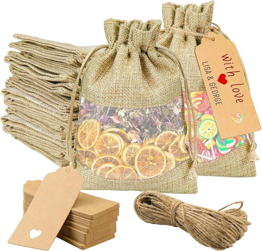 GIOIPC 20Pcs 6 x 9 Inch Linen Burlap Sheer Bags with Drawstring and Bonus Gift Tags for Wedding Birthday Bag,Craft Bags,Cosmetic Samples