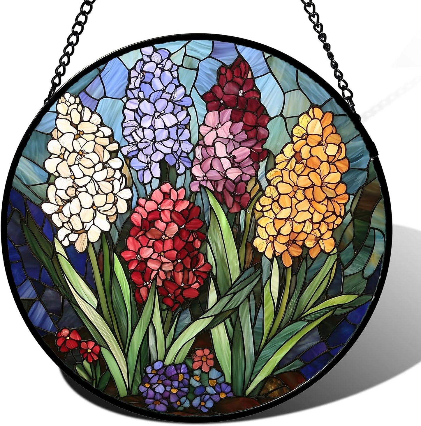 Stained Glass Window Hanging, Colorful Hyacinth Flowers Suncatcher for Doors Window Home Plant Sun Catchers Decoration Mother's Day Birthday Gifts for Women, Men, and Mom 7.8x7.8 in