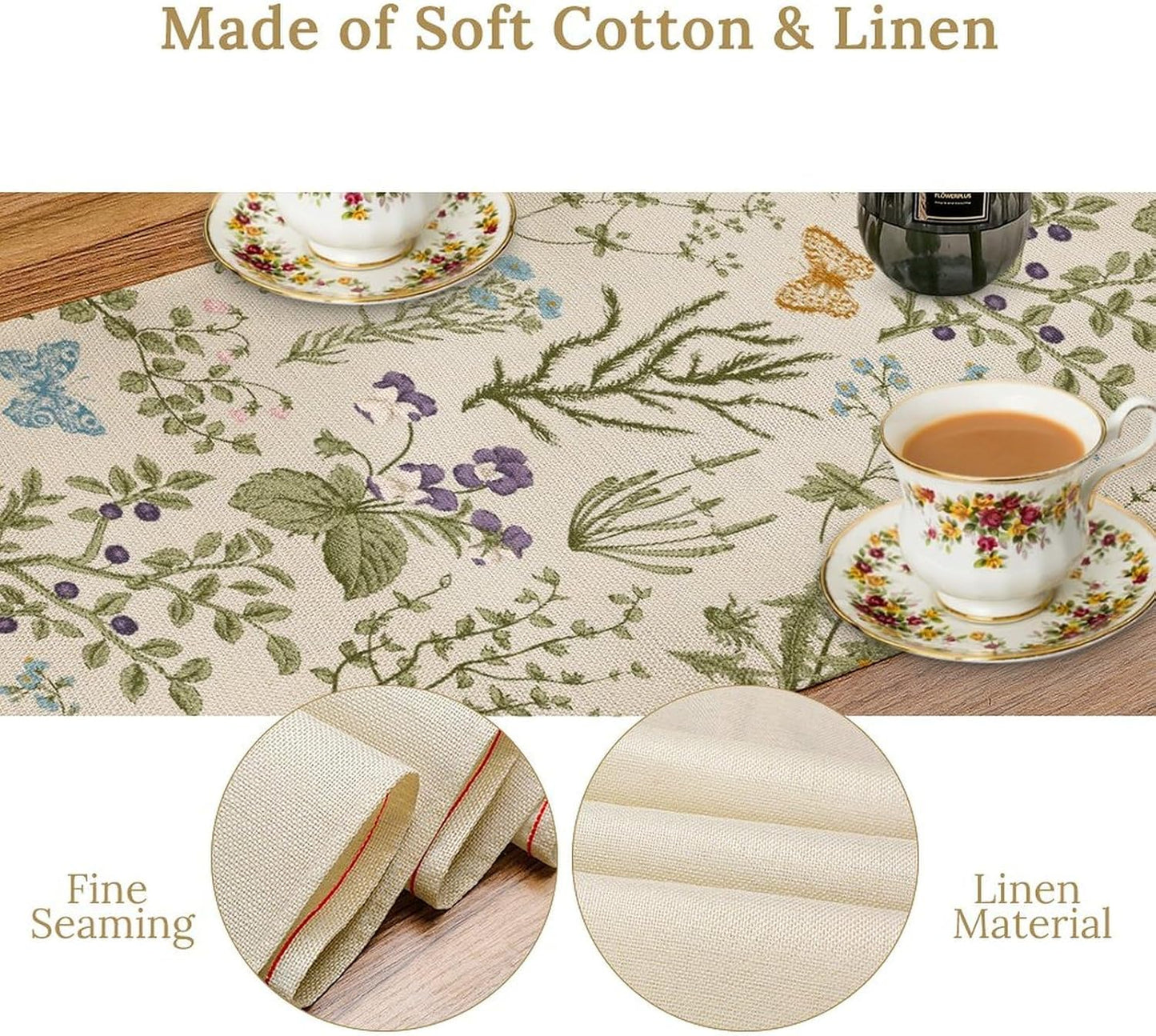 Floral Table Runner,Wildflower Spring Table Runner Seasonal Summer Butterfly Kitchen Dining Table Decoration for Home Party 13x60 Inch