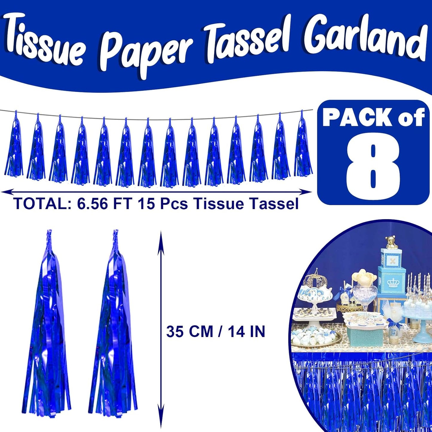 8P Blue Foil Fringe Metallic Tassel Streamers Banner Tassel Garland for Parade Floats, Bachelorette, Wedding, Birthday, Halloween, Christmas, Bridal/Baby Shower Party Decorations