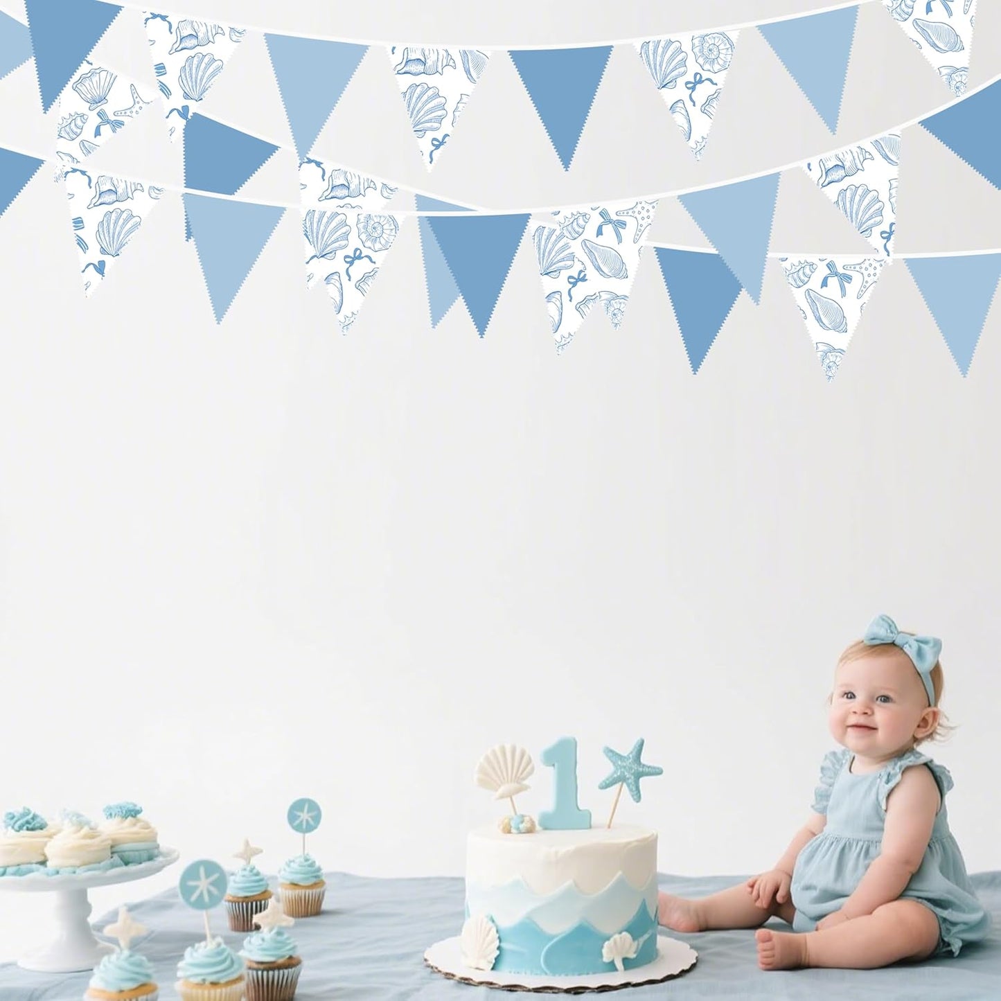 32Ft Ocean Coastal Nautical Beach Party Decorations Blue Bow Starfish Seashell Fabric Pennant Banner Triangle Flag Garland Streamer for Under The Sea Birthday Summer Baby Shower Bachelorette Supplies