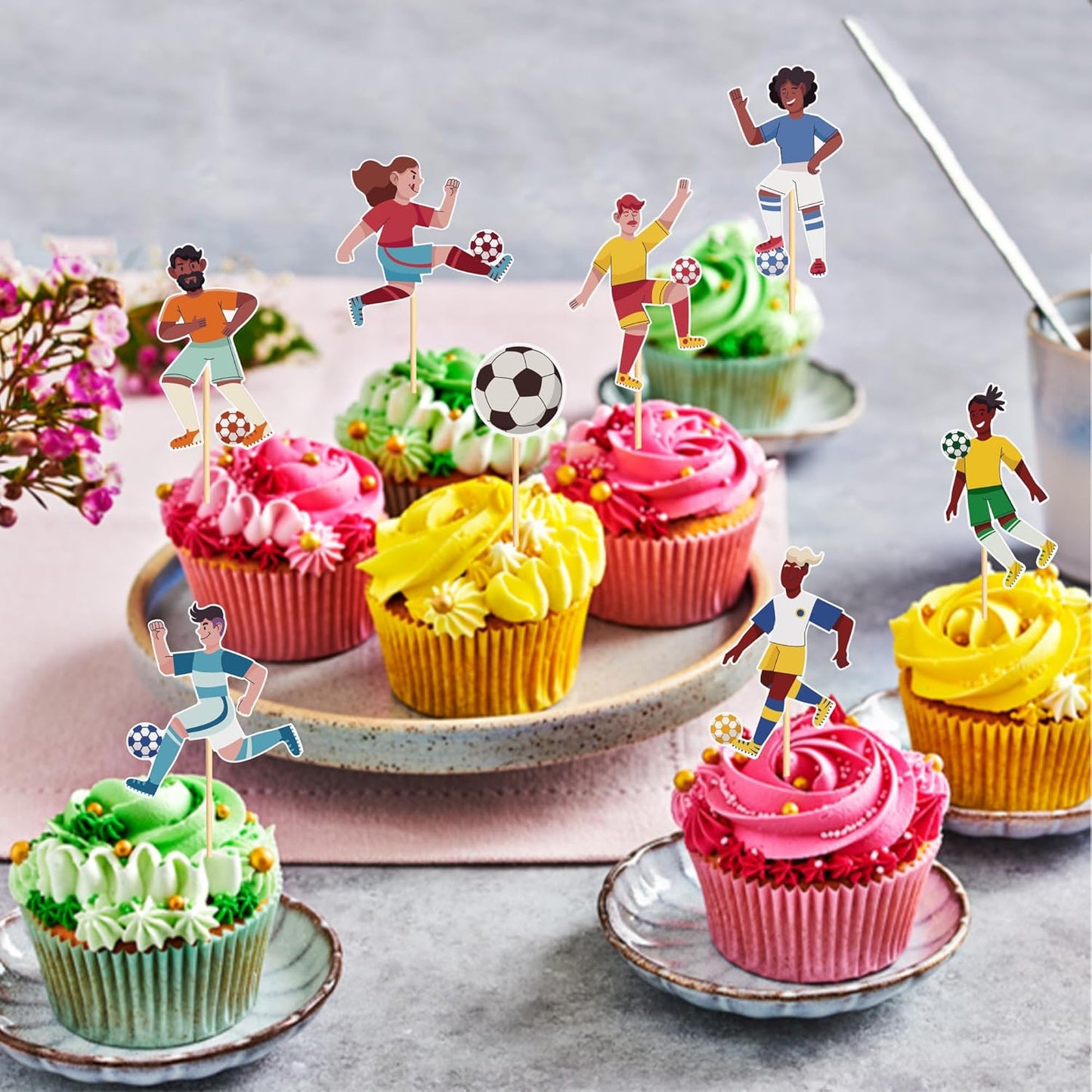 24pcs Soccer Cupcake Toppers Soccer Ball Cupcake Picks Sport Cake Decorations Football Theme Birthday Party Baby Shower Kids Boys Men Birthday Party Favors Supplies