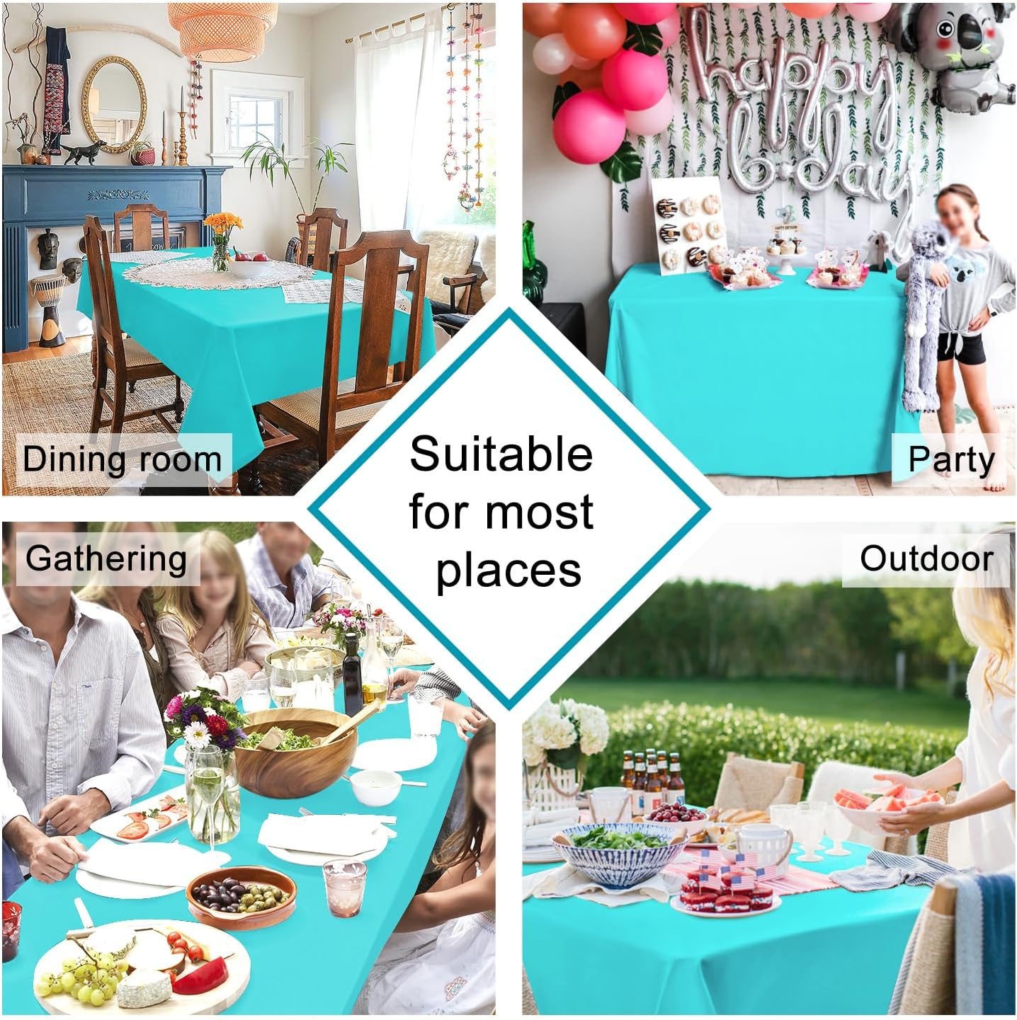 Hiasan Solid Rectangle Tablecloth Aqua - Waterproof Washable Oblong Fabric Table Cloth for Dining Room Kitchen and Outdoor Use, 70 x 108 Inch