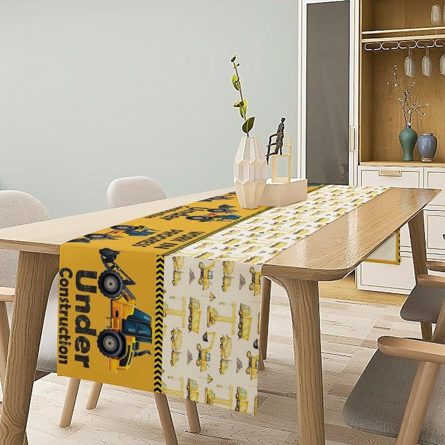Cartoon Car Table Runner,Boys Kids Construction Vehicles Truck Yellow Print Tablecloth Burlap for Hotel Indoors Outdoor Dining Room Kitchen Home Decor,W13X L60 in