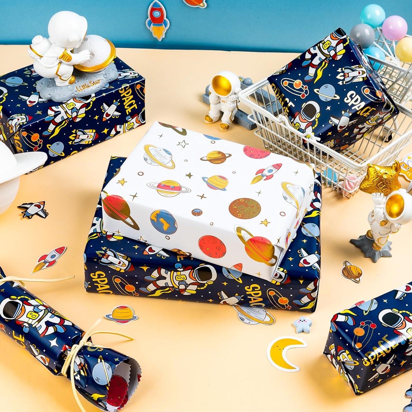 Yarcony Space Wrapping Paper Roll, Birthday Wrapping Paper for Boys, Navy Blue Astronaut Gift Wrap for Kids Birthday Outer Space Party Decor RocketShip Wrap Galaxy Planets Stars (17 Inch X 33 Feet)