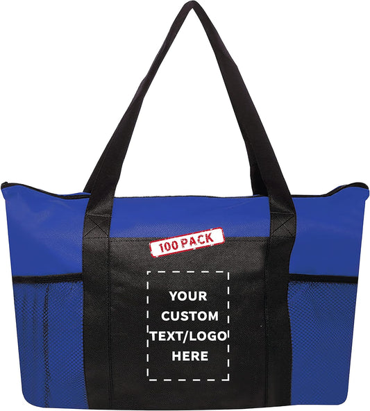 DISCOUNT PROMOS 100 Zippered Non-Woven Tote Bags Set - Customizable Text, Logo - Mesh Pocket, Zippered, Recyclable, Reusable - Blue - 19"X14"X3", with Zipper