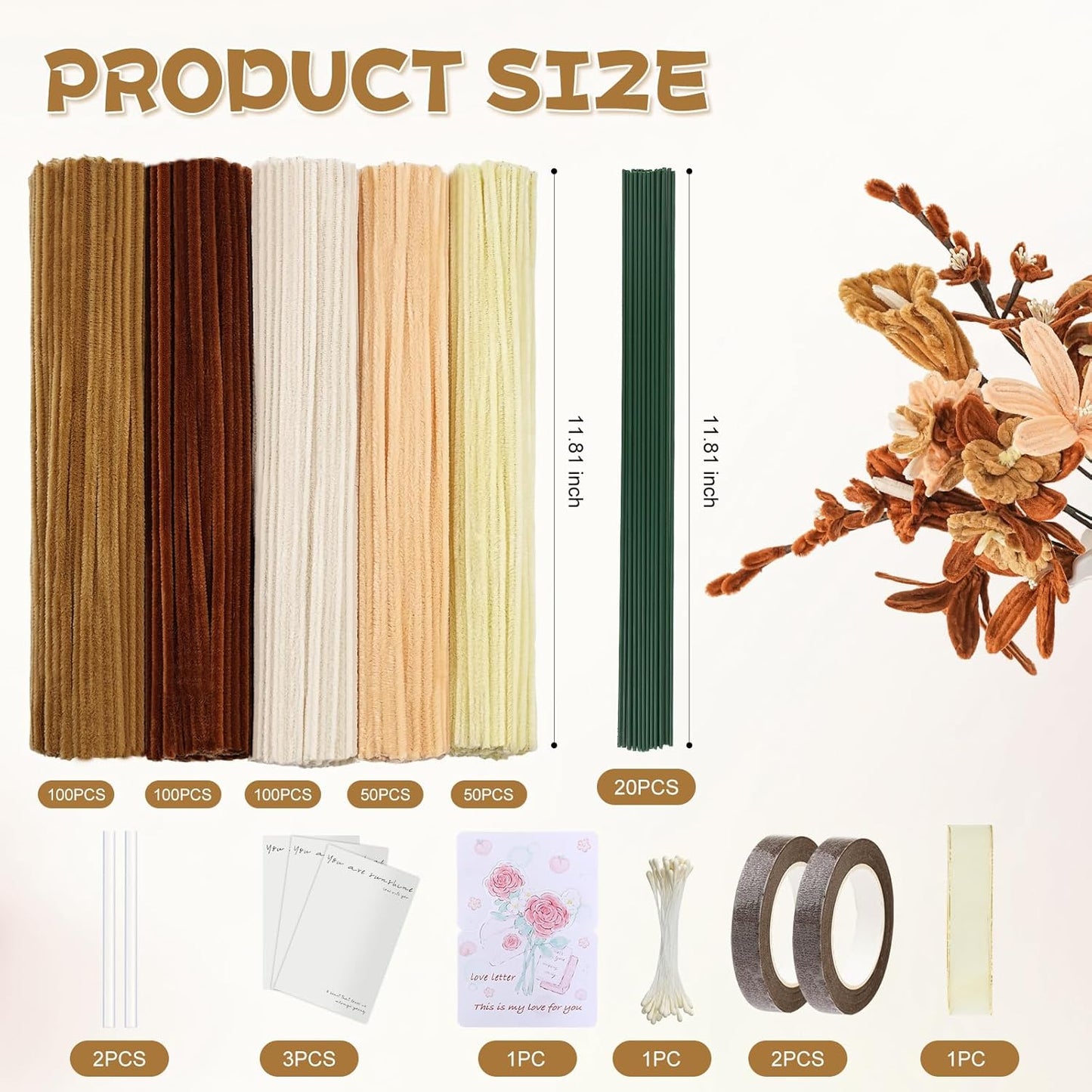 400 PCS Soft Pipe Cleaners Bulk,5 Colors Pipe Cleaners Craft for Flowers with Floral Wire,Gardening Tape,Greeting Card,Bouquet Paper,Hot Glue Stick,Stamen & Ribbon,Ideals for DIY Holiday Deco