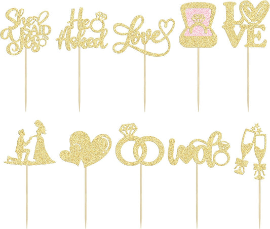 Ephlyn 30Pcs He Asked She Said Yes Cupcake Toppers Glitter Engagement Cupcake Toppers Diamond Ring Heart Love I Do Cupcake Picks for Engagement Wedding Party Cake Decorations Gold