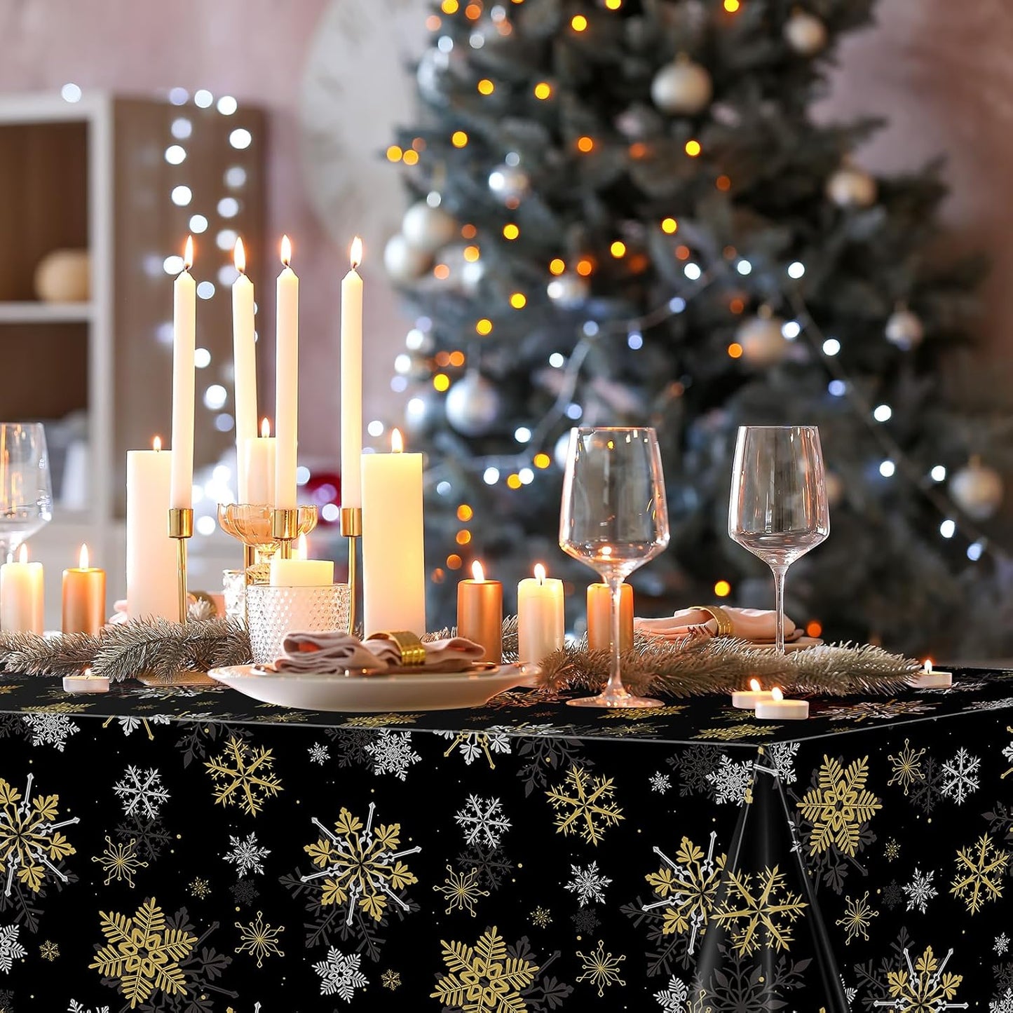 6Pcs Christmas Snowflake Party Tablecloths Decorations,Plastic Black and Gold Table Cloth,Winter Rectangle Table Cover for Christmas New Year Birthday Baby Shower Holiday Party Decorations,54x108 inch