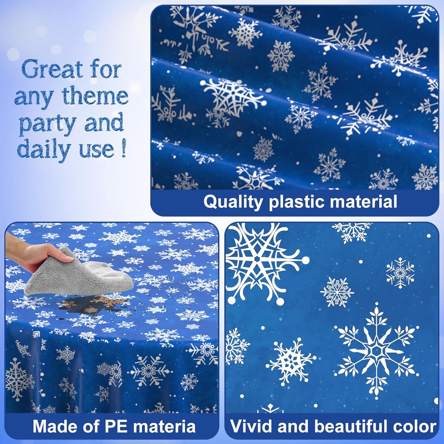 Jectivs 3 Pieces Christmas Snowflake Plastic Party Tablecloth Decorations,Disposable White Snowflake Blue Xmas Round Table Cover Backdrop for Winter Christmas Holiday Party Supplies,84 inch (Blue)
