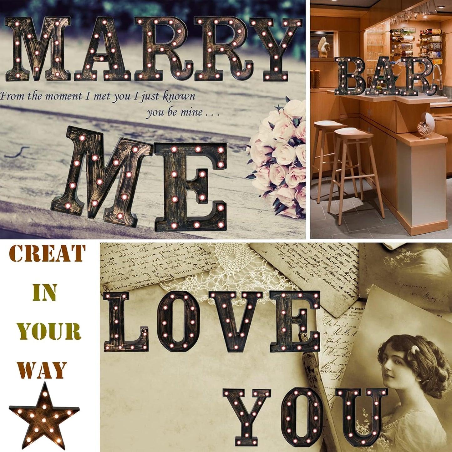 OYCBUZO Golden Black Led Marquee Letter - Industrial, Vintage Style Light Up Alphabet Letter Sign for Cafe Wedding Birthday Party Christmas Lamp Home Bar Initials Decor - T