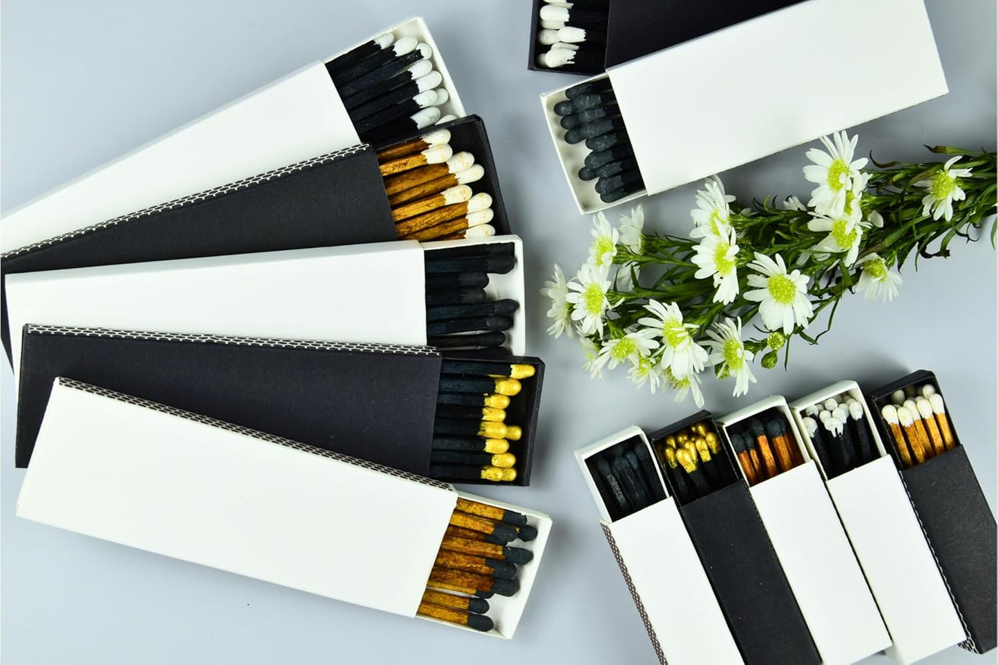 Chandler Studio 10 Boxes - Wooden Matchsticks in a Blank Matchbox with White/Black Matchboxes Colorful Tips (4" Matchboxes, 10 Boxes)