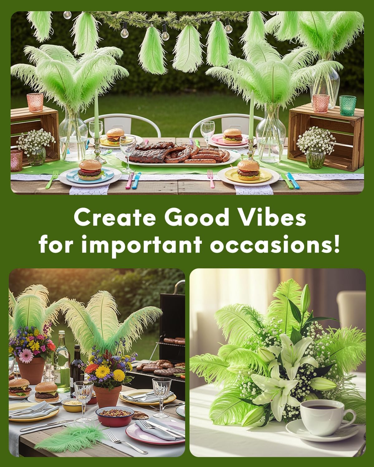 NEWONG 30pcs Fruit Green Ostrich Feathers Natural Bulk 8-10inch(20-25cm) Vase Craft Wedding Home Party Centerpieces Christmas Day Decoration